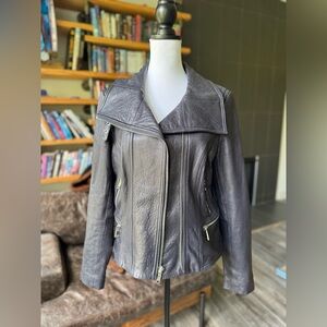 Wilsons - dark blue leather moto jacket; size L